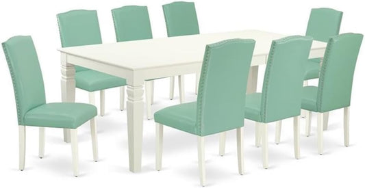 East West Furniture LGEN9-LWH-57 9 Piece Modern Dining Table Set Includes a Rectangle Wooden Table with Butterfly Leaf and 8 Pond Faux Leather Upholstered Chairs, 42x84 Inch, Linen White