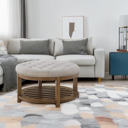 24KF Large Round Upholstered Tufted Linen Ottoman Coffee Table, Large Footrest Ottoman with Wood Shelf Storage-Iinen