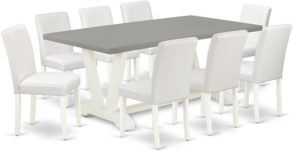 East West Furniture V097AB264-9 9 Piece Modern Dining Table Set Includes a Rectangle Dining Room Table with V-Legs and 8 White Faux Leather Parsons Chairs, 40x72 Inch, Multi-Color