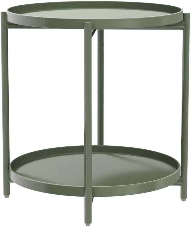 TeoKJ 2 Tier Green Side Table, Folding Round Metal End Table Small Nightstand with Two Removable Tray for Bedroom Living Room Bedside Small Spaces Dark Green