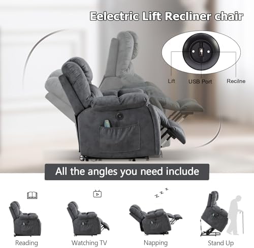Phoenix Home Large Power Lift Recliner with Massage and Heat for Elderly, Electric Chair with USB Port, 2 Hidden Cup Holders, Dark Grey