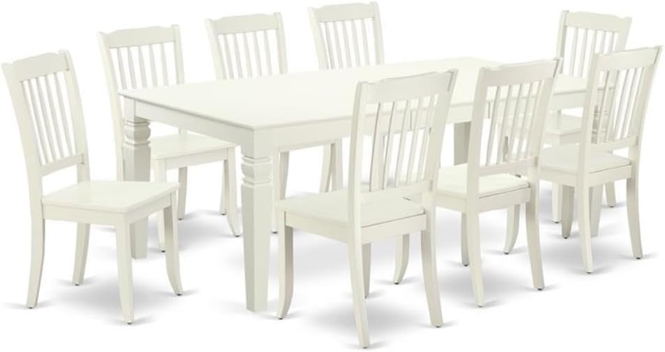 East West Furniture LGDA9-LWH-W 9 Piece Dining Room Table Set Includes a Rectangle Kitchen Table with Butterfly Leaf and 8 Dining Chairs, 42x84 Inch, Linen White