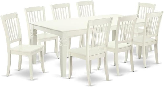 East West Furniture LGDA9-LWH-W 9 Piece Dining Room Table Set Includes a Rectangle Kitchen Table with Butterfly Leaf and 8 Dining Chairs, 42x84 Inch, Linen White