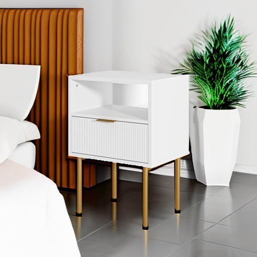 Nightstand,Morden Bedside Table with Gold Frame,Small White Night Stand,End Table,Bedside Furniture,Side Table with Drawer and Shelf for Bedroom,Living Room (1Drawer, White)