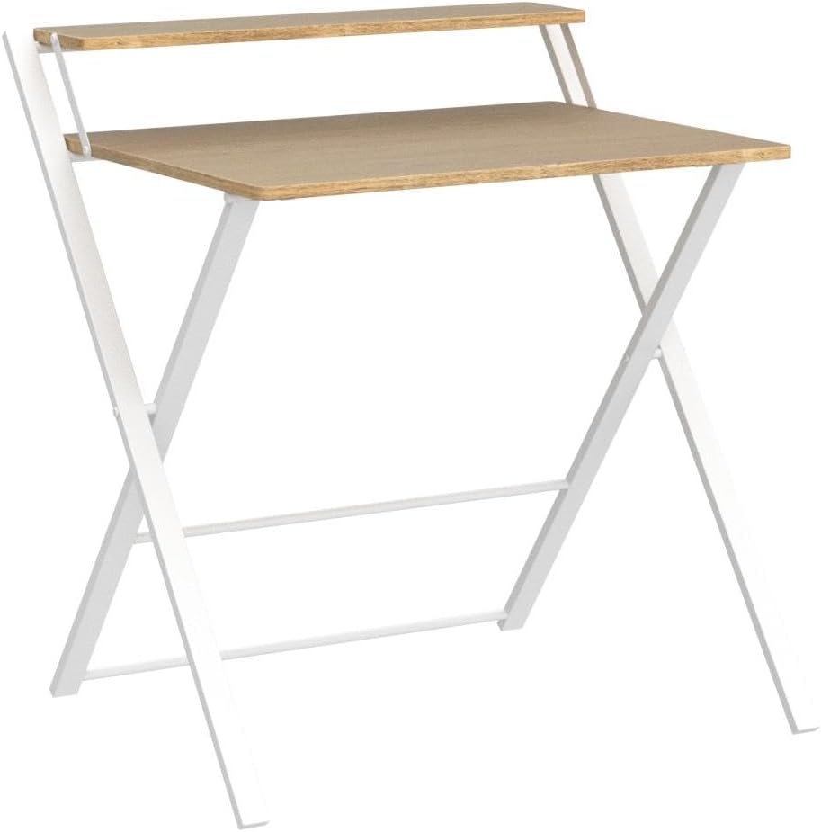 GreenForest Portable Small Desk No Assembly, 2-Tier Compact Computer Desk with Shelf, Space Saving Foldable Table for Home Office, Bedroom or Apartment, Portable Collapsible Sturdy Laptop Desk, Oak