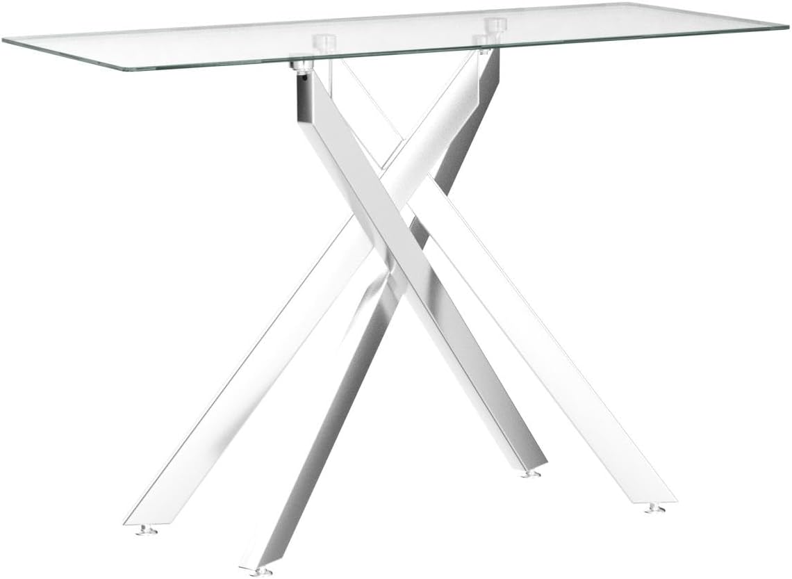 Modern Style Console Table Narrow Sofa Table with Tempered Glass Top and Metal Tubular Legs, 45" Lx18 Wx30 H, Silver