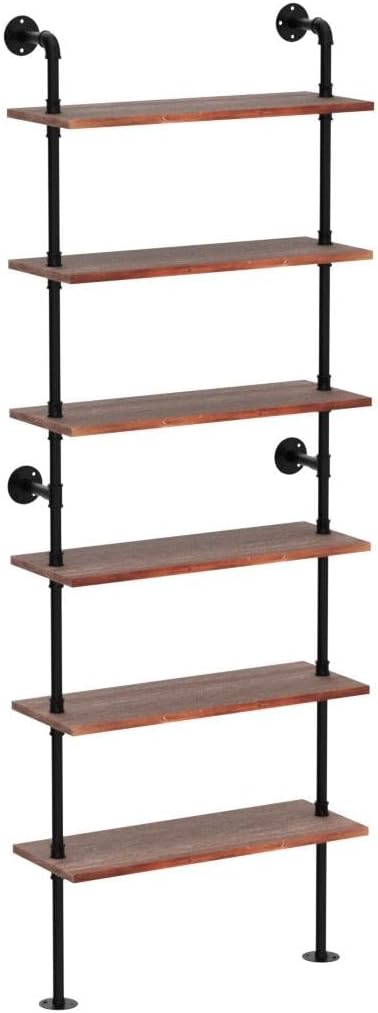 Pipe Industrial Shelves, Wall Mounted Wood Metal Ladder Rustic Bookshelf (Weathered Brown, 6 Tier - 10" D x 30" W x 82.5" H)
