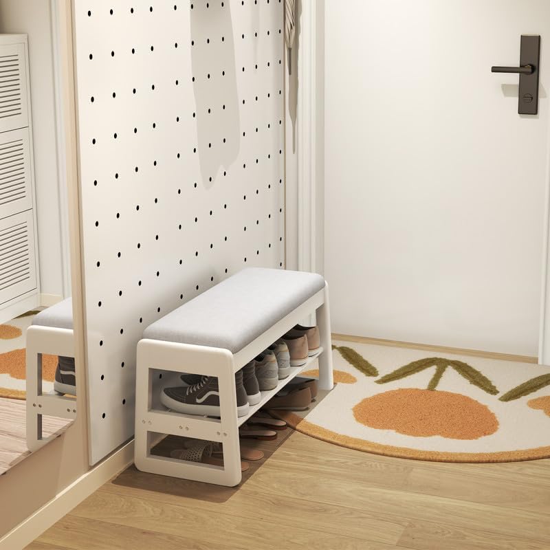Shoe Rack Bench with Cushion,2 Tiers Shoe Bench with Flip-Top Storage,Wood Shoe Rack for Entryway,Hallway（White,31.5"）