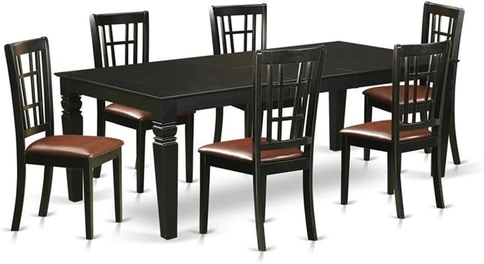 East West Furniture LGNI7-BLK-LC 7 Piece Dining Table Set Consist of a Rectangle Wooden Table with Butterfly Leaf and 6 Faux Leather Dining Room Chairs, 42x84 Inch, Black