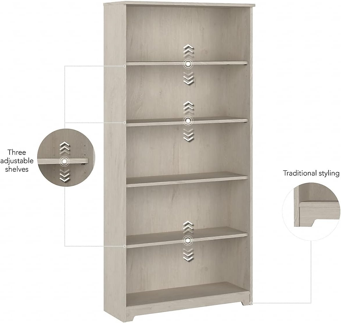 Bush Furniture Cabot Tall 5 Shelf Bookcase | Large Open Bookshelf in Linen White Oak | Sturdy Display Cabinet for Library, Living Room, and Home Office