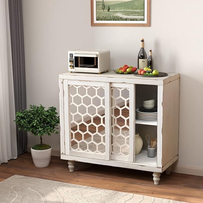 COSIEST 31.5" W Sideboard Buffet Cabinet with Mirrored Doors and Adjustable Shelf, Kitchen Storage Cabinet with Sliding Doors for Dining Room, Hallway, Living Room (White, Honeycomb Pattern)