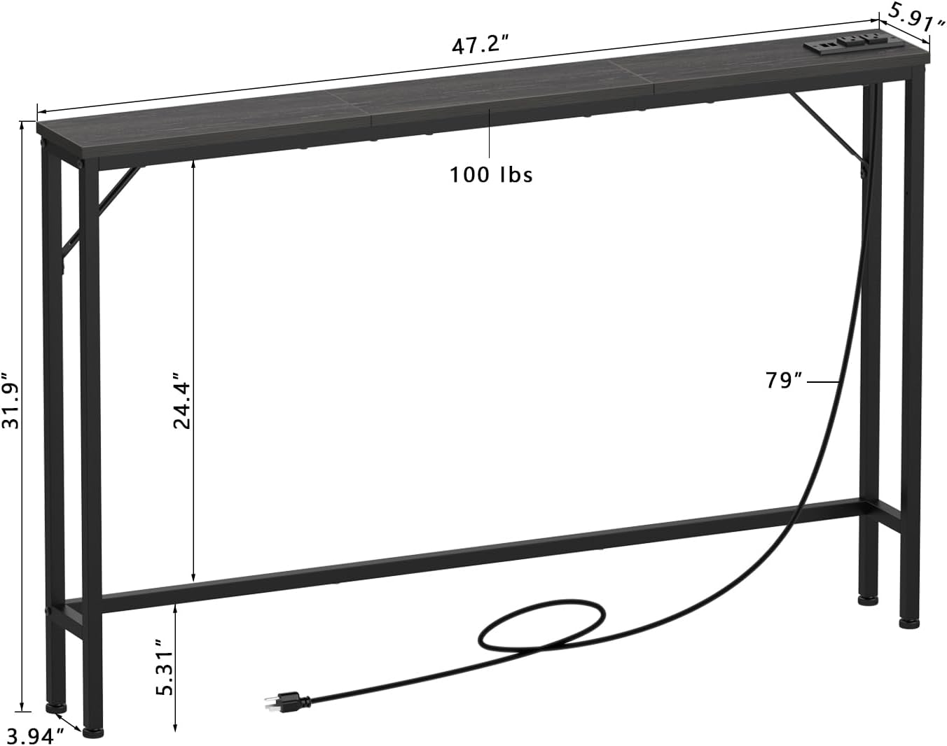 Tohomeor Skinny 5.9" Console Table 47.24" Narrow Long Sofa Table with Power Outlets USB Ports Industrial Wooden Entry Table for Entryway Living Room Hallway (L-94.4xW-5.91, Charcoal)