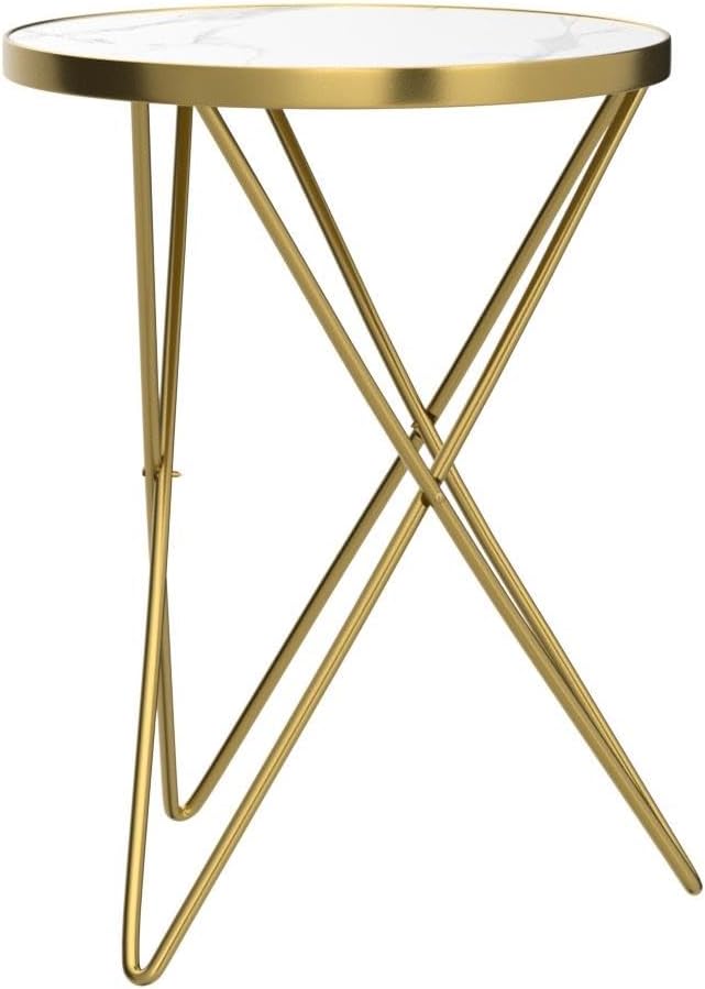 HLR Modern Round Side Table Set of 2, End Table with Marble Effect Top and Gold Metal Frame, Small Side Table for Living Room, Bedroom, Sofa and Couch, Gold Legs, White Marble top