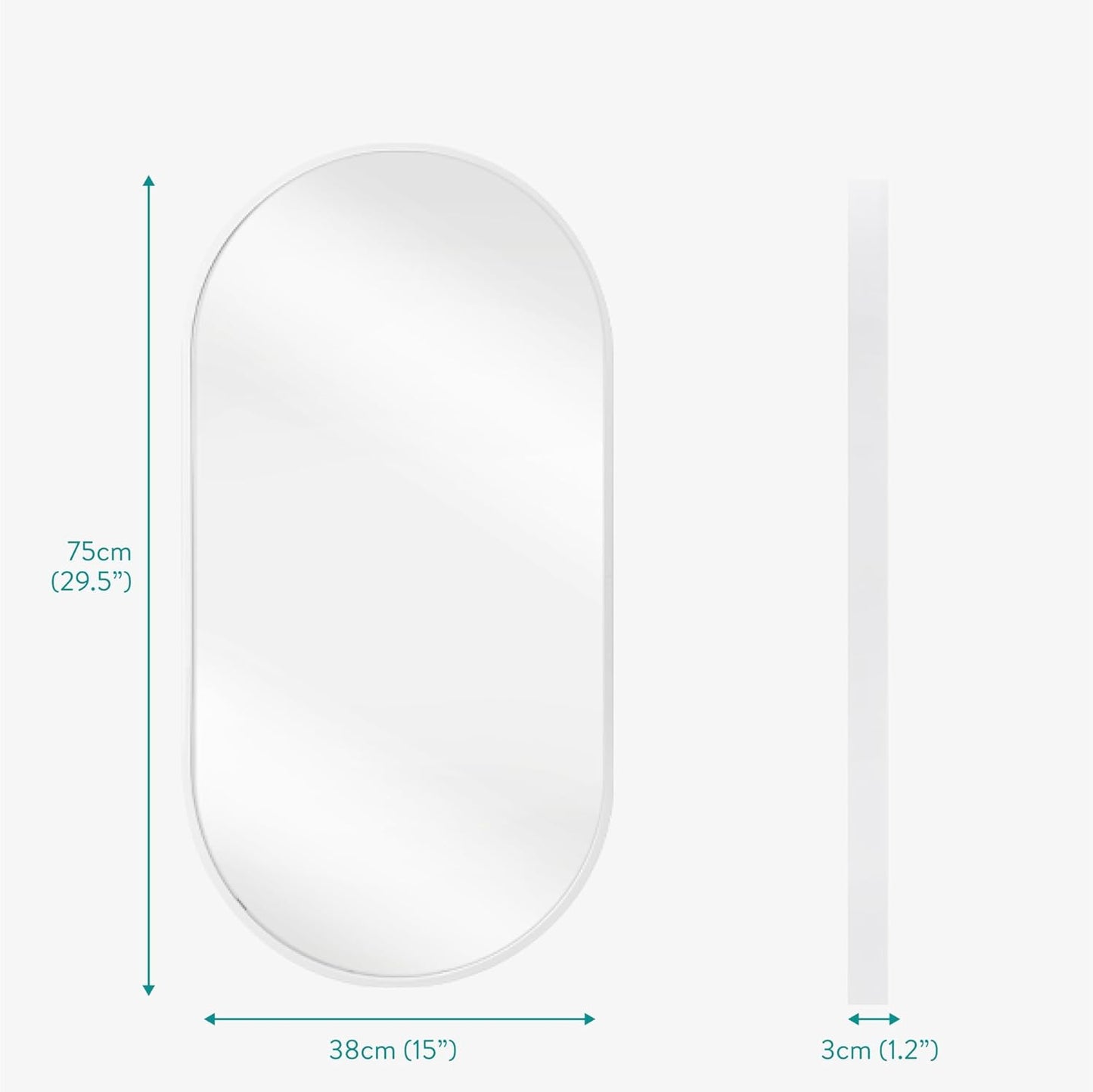 Navaris Oval Wall Mirror - 75 x 38 x 3 cm - Wall Mounted Hanging Mirror with White Rustproof Aluminium Frame - Round Mirror for Bathroom Bedroom Hallway
