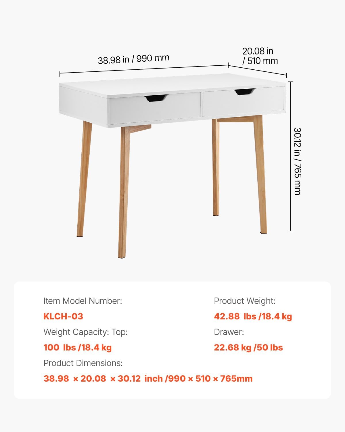 VEVOR Small Desk with Drawers, Kids Desk for Bedroom, Wooden Simple Study Table for Drawing, Reading, Writing, Rectangle MDF Furniture Study Storage Table for Home, Office, White + Wood