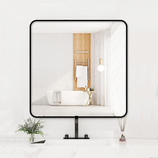 36"x36" Bathroom Wall Mirror with Matte Black Metal Frame & HD Glass, Copper-Free Mirrors Modern Rectangle Round Corner Framed Vanity Mirror - Horizontal or Vertical Installation