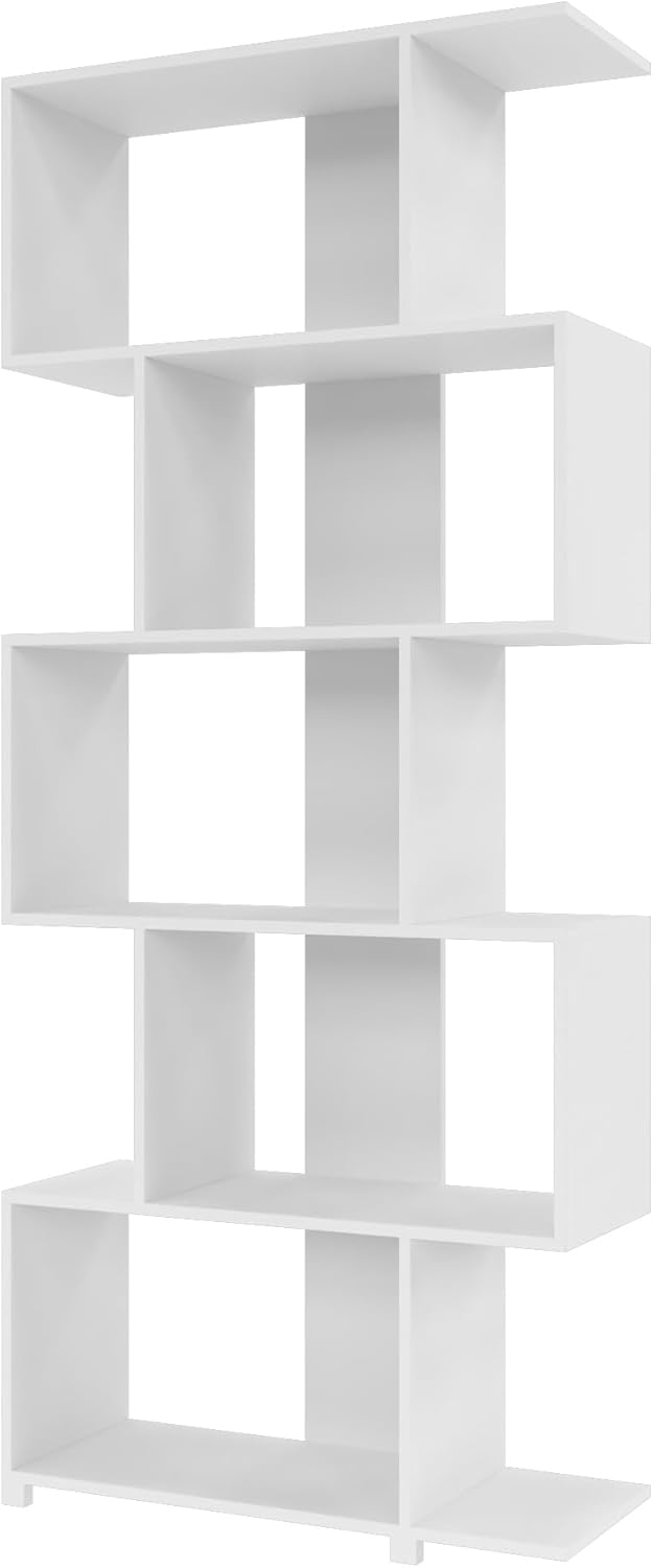 Manhattan Comfort Petrolina Bookshelf with 5 Zig-Zag Cubbies & Open Shelves, Unique Mid Century Modern Bookcase, Ideal for Living Room, Office, Bedroom, Display Ornaments, Trophies, Photos, White