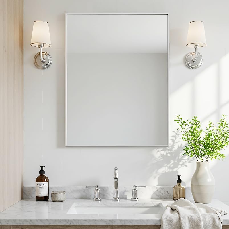 24x30 Inch Silver Bathroom Mirror - Copper-Free Mirror, Aluminum Alloy Frame Vanity Rectangle Wall Mounted Modern Mirror for Bedroom/Living Room/Porch Horizontal or Vertical