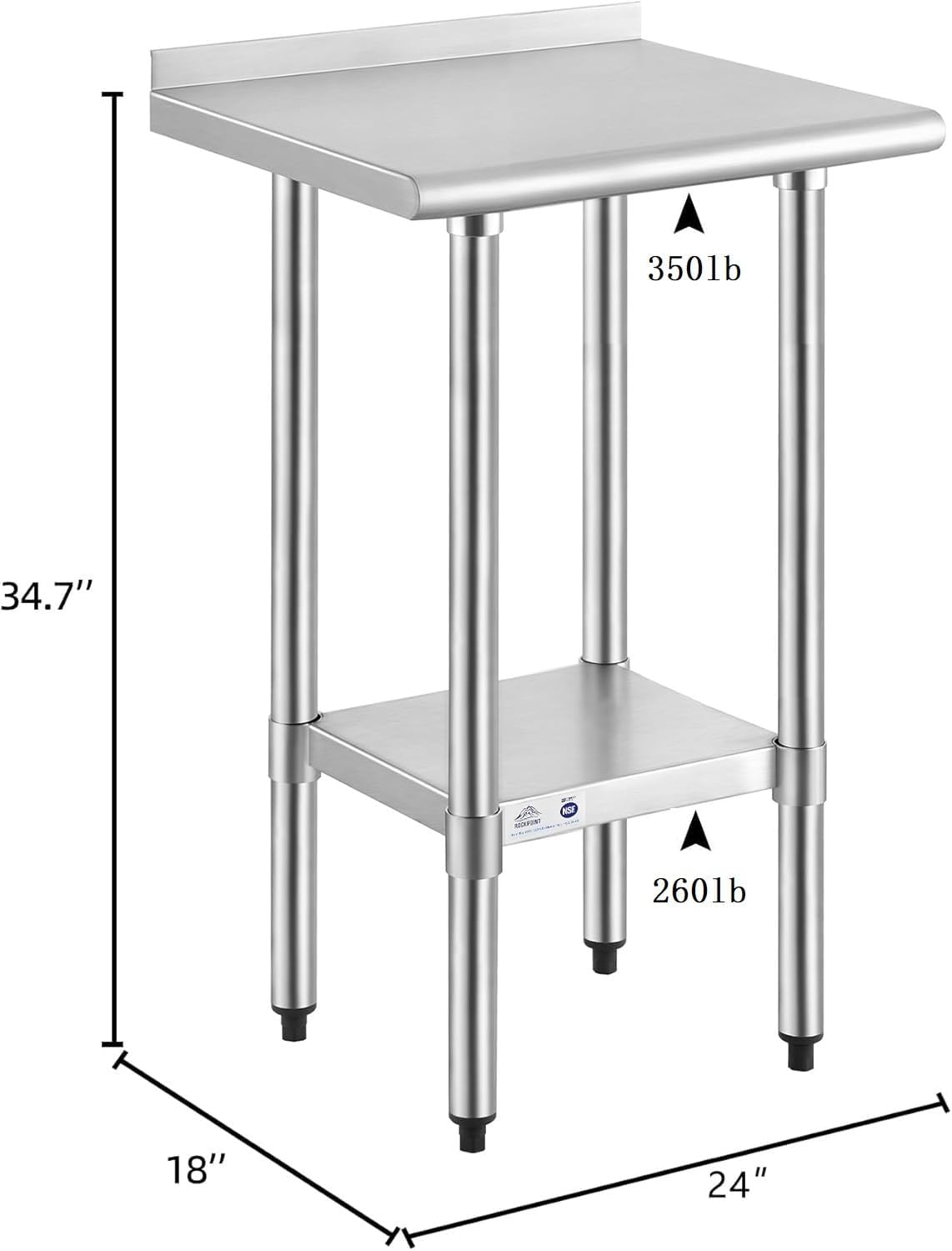 ROCKPOINT Stainless Steel Table for Prep & Work with Backsplash 18x24 Inches, NSF Metal Commercial Kitchen Heavy Duty Table with Adjustable Under Shelf and Table Foot for Restaurant, Home and Hotel