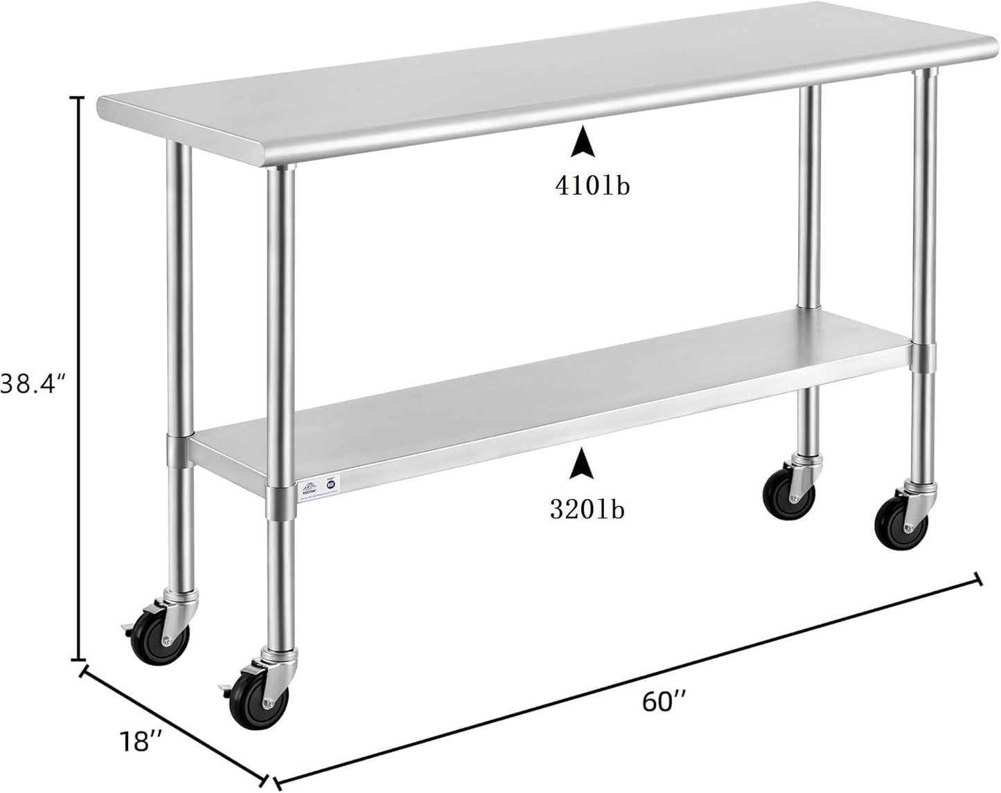 ROCKPOINT Stainless Steel Table for Prep & Work with Caster Wheels 18x60 Inches, NSF Metal Commercial Kitchen Heavy Duty Table with Adjustable Under Shelf and Table Foot for Restaurant, Home and Hotel