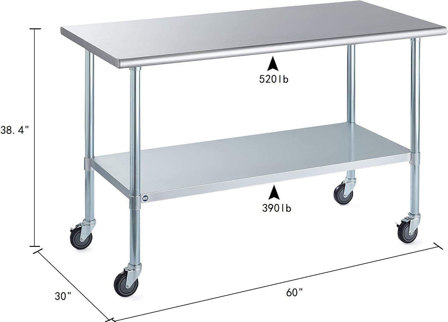ROCKPOINT Stainless Steel Table for Prep & Work with Caster Wheels 30x60 Inches, NSF Metal Commercial Kitchen Heavy Duty Table with Adjustable Under Shelf and Table Foot for Restaurant, Home and Hotel