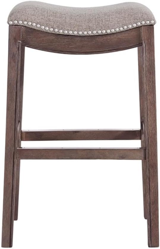 Alaterre Furniture Williston Bar Height Stool, Set of 2, Dark Brown, Solid Rubberwood Frame, Wire Brush Finish, Gray Accents, Linen-Like Fabric Upholstery, Dimensions 21 in. W x 14 in. D x 31 in. H