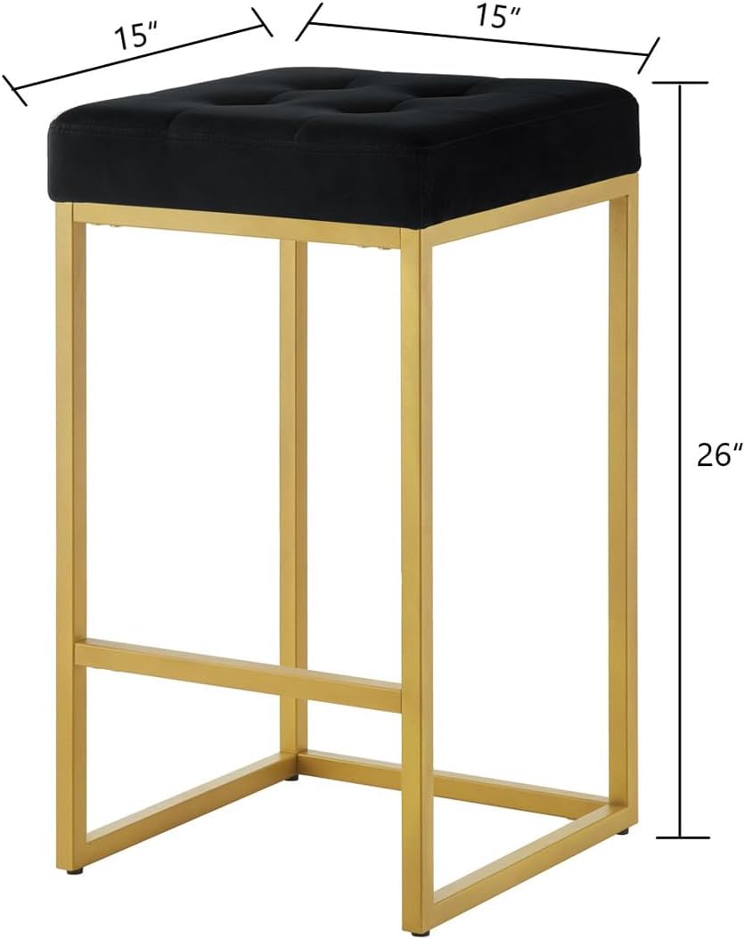 24KF Contemporary Counter Height Bar Stool Set of 2 for Kitchen Island, 26" H Velvet Padded Gold Barstool Bar Chair,5066-Black