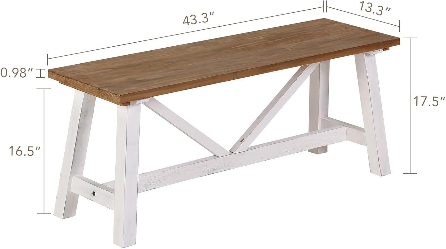 Wnutrees 43" Farmhouse Wood Bench, Narrow Bench, Long Bench Seat for Entryway, Living Room, Dining Room, Solid Wood, White
