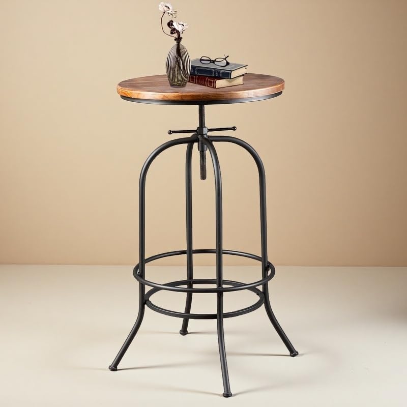 Industrial Bar Table Height Adjustable 37.4-45.3inch Vintage Swivel Pub Tables Solid Wood Top Metal Base with Footrest