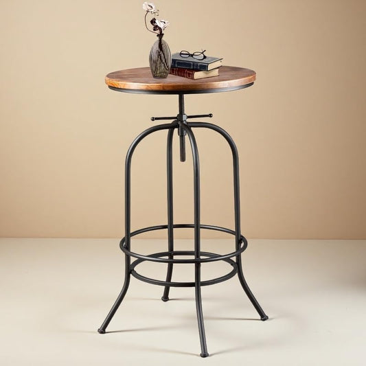 Industrial Bar Table Height Adjustable 37.4-45.3inch Vintage Swivel Pub Tables Solid Wood Top Metal Base with Footrest