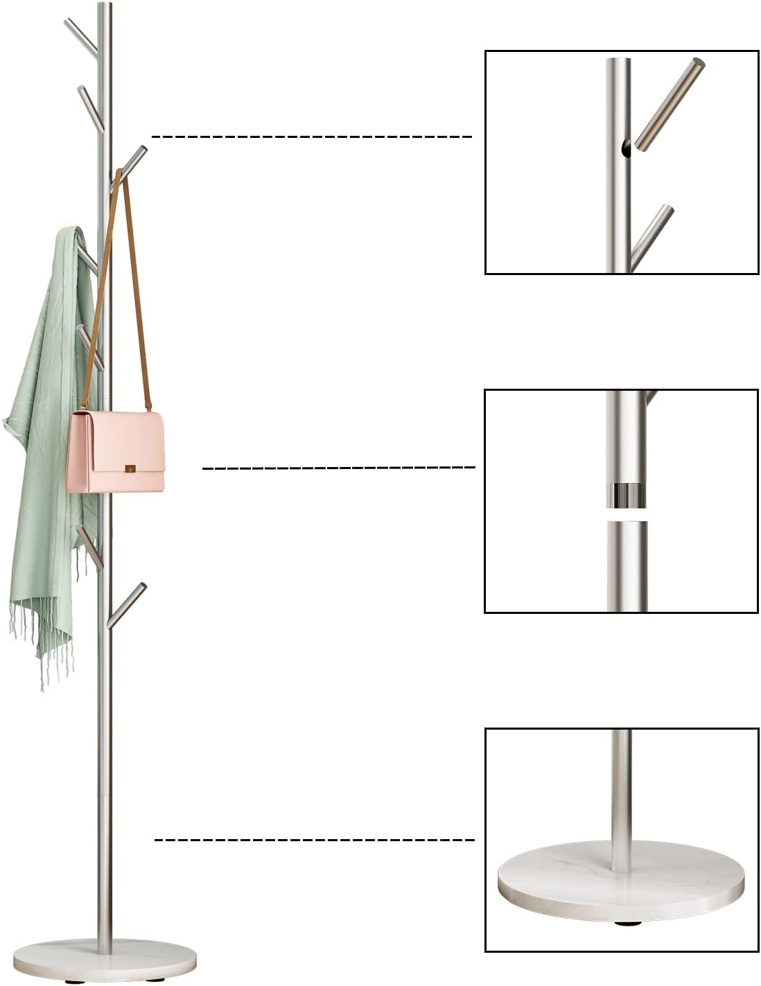 Silver Coat Racks, Metal Coat Rack Freestanding with Hooks, Entryway Coat Rack Stand, Coat Racks with Marble Base, Coat Tree for Hanging Clothes, Hats, Bags