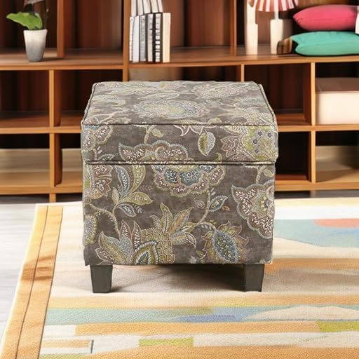Homepop Home Decor |K7342-A824 | Classic Square Storage Ottoman with Lift Off Lid | Ottoman with Storage for Living Room & Bedroom, Gray Floral