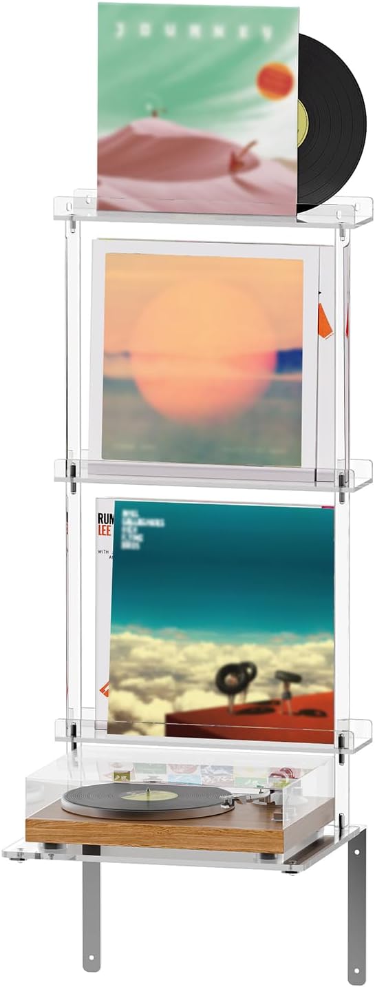 HMYHUM Wall Mounted Acrylic Record Player Stand, Clear Floating Record Player Table with Vinyl Storage, Modern, 15.6" L x 11.6" W x 40.2" H