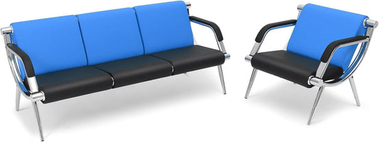 wonline 4 Seat Waiting Room Chair with Armrest PU Leather Office Furniture, Office Guest Seating Lobby Conference Reception Chairs for Airport Clinic Hospital Bank Salon Barber(Blue&Black)