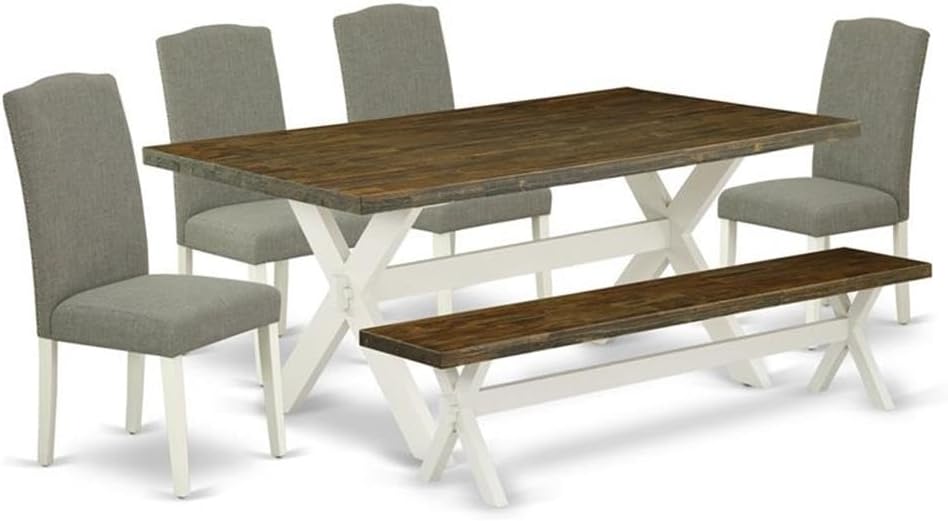 East West Furniture X077EN206-6 6 Piece Dining Table Set Contains a Rectangle Kitchen Table with X-Legs and 4 Dark Shitake Linen Fabric Parson Chairs with a Bench, 40x72 Inch, Multi-Color