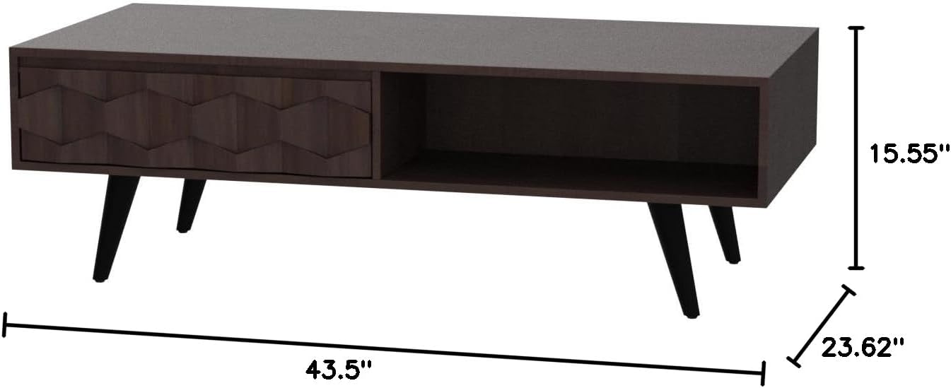 Bme Georgina Solid Wood Coffee Tables for Living Room, Coffee Table Mid Century Modern with 2 Symmetrical Storage Drawers & Geometric Details, Fully Assembled Center Table, Walnut