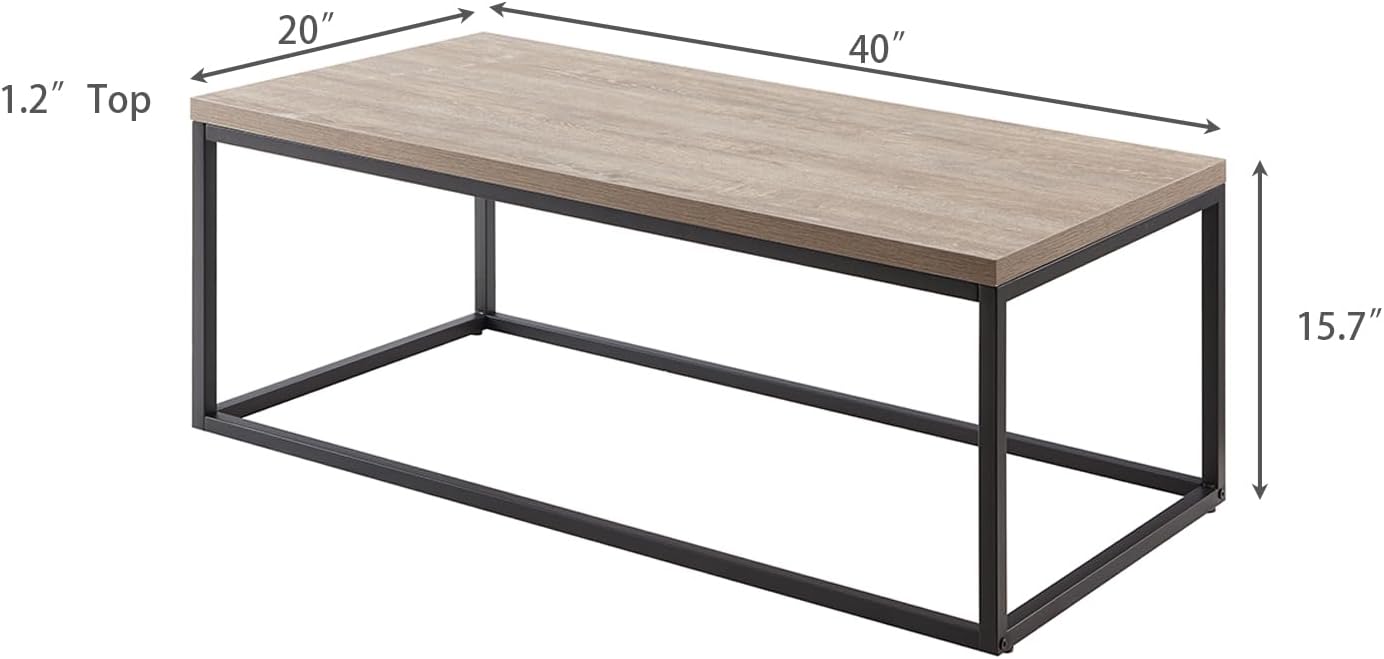 CENSI 40-in Grey Wash Accent Coffee Table Ottoman for Living Room, Rectangle, Mid-Century Modern Industrial Style, Extra Thick Top, Wood and Metal (French Oak)