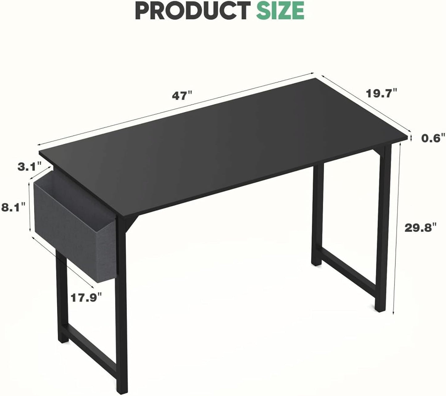 47 Inch Desk Office with Storage, Modern Simple Style Gaming Computer Table for Youth Student Adult, Metal and Wood Home Office Furniture, Black