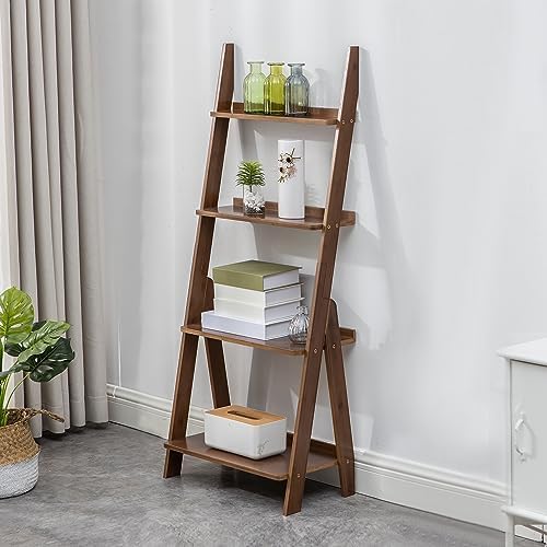 Maydear Bamboo Ladder Shelf Bookcase, 4-Tier Leaning Bookshelf Free Standing Organizer Storage Shelves for Living Room, Bedroom, Kitchen, Home Office, Balcony (Walnut)
