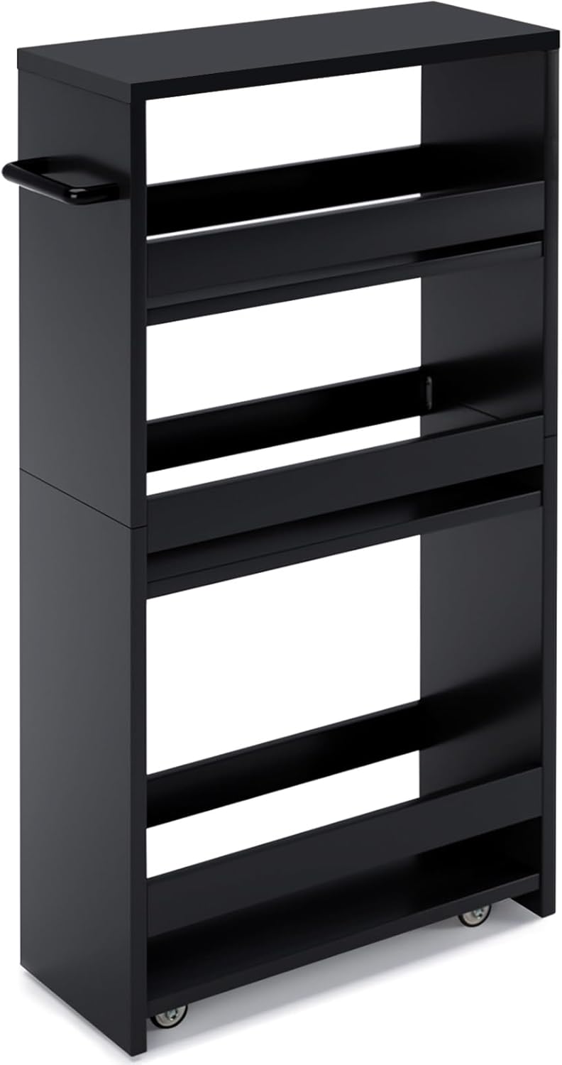 MARTY Slim Rolling Storage Cart 4-Tier Kitchen Cart with Wheels, Laundry Room Storage with Handle Slide Out Utility Cart Shelving Unit Organizer Trolley for Narrow Places Bathroom Small Corner, Black