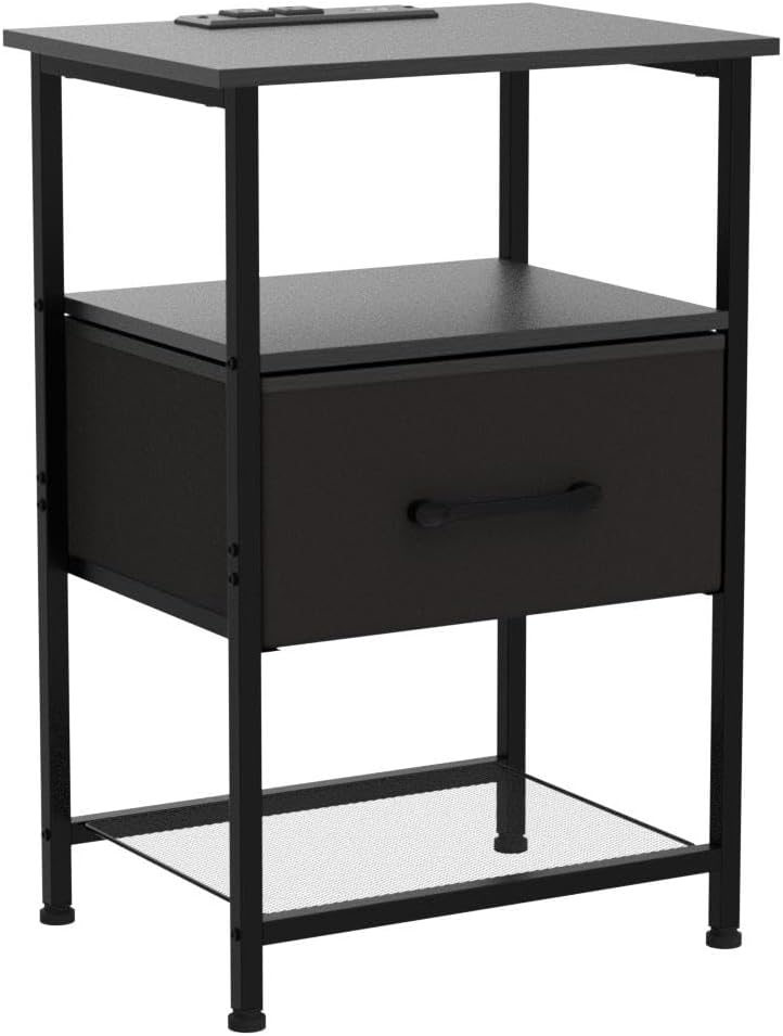 Nightstands Set of 2 with Charging Station and Drawer, End Table Bedside Table with 20 Colors LED Light Strip and 2 Layers Shelf for Bedroom Living Room Sofa Couch (Black)