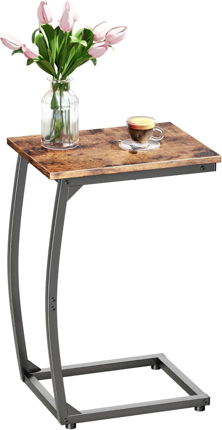 C-Shaped End-Table - Side Table for Couch,Curved Support Legs, Slide Under Couch Table for Sofa, TV Tray Table for Living Room Bedroom (Rustic Brown)