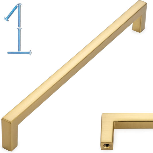 KOOFIZO Solid Square Bar Cabinet Handle - Brushed Gold Furniture Pull, 7.6 Inch/192mm Screwhole Distance, 1-Piece for Kitchen Cupboard Door, Bedroom Dresser Drawer, Bathroom Wardrobe Hardware