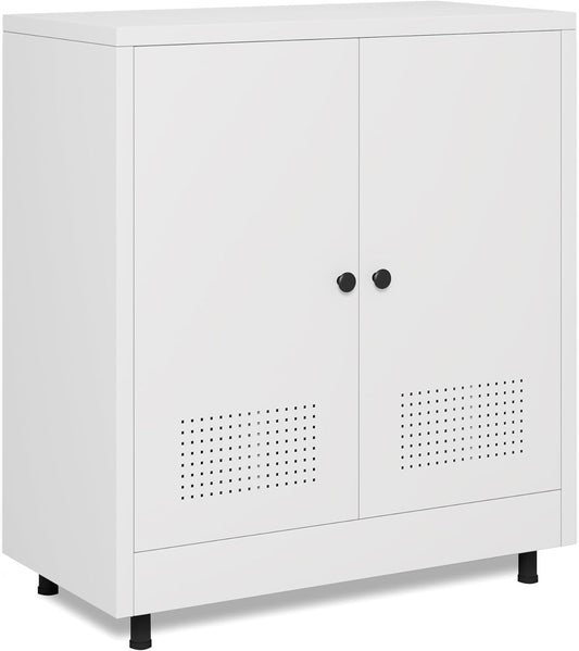Metal Storage Cabinet with 2 Doors and Adjustable Shelf, Free Standing Accent Sideboard Buffet Cabinet for Home, Office, Entryway, Hallway, Living Room, Kitchen and Dining Room (White)