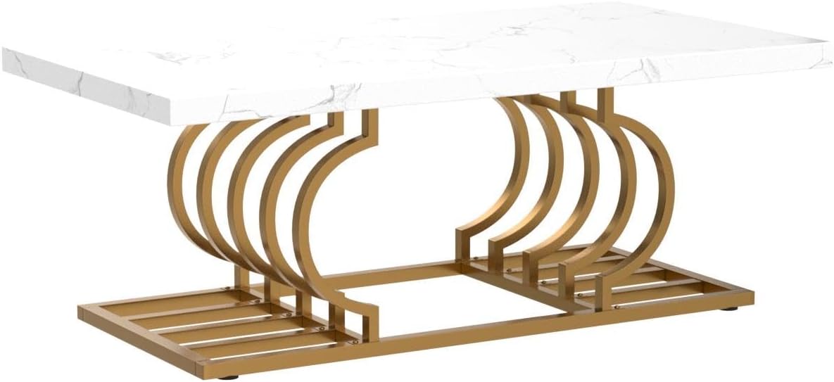 Tribesigns Modern Coffee Table, 47 Inch Faux Marble Cocktail Table with Geometric Frame, Rectangular Center Table Tea Table Accent Furniture for Living Room, Simple Assembly (White/Gold)