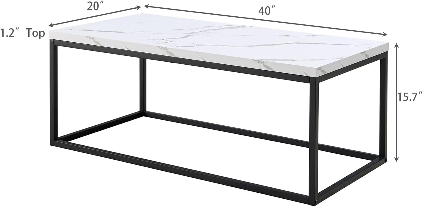 CENSI 40-Inch Marble Accent Coffee Table Ottoman for Living Room, Rectangle, Mid-Century Modern Industrial Style, Extra Thick Top, Wood and Metal (White Marble)