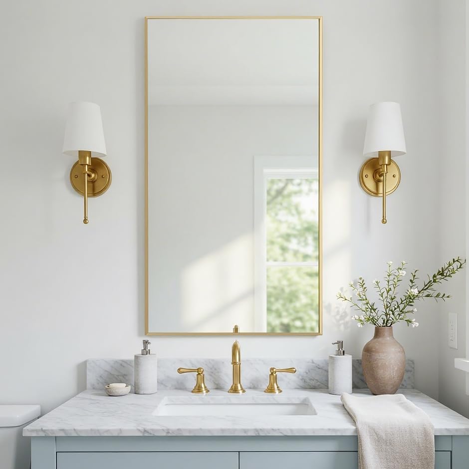 20x36 Inch Gold Bathroom Mirror - Copper-Free Mirror, Aluminum Alloy Frame Vanity Rectangle Wall Mounted Modern Mirror for Bedroom/Living Room/Porch Horizontal or Vertical