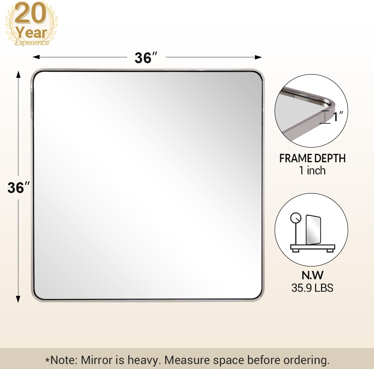 ANDY STAR 36x36 Inch Chrome Mirrors for Bathroom, Chrome Square Bathroom Vanity Mirror, Rounded Mirror, Anti-Rust SUS304, Seamless Tube Metal Frame, 1’’ Deep Wall Mounted Vertically/Horizontal