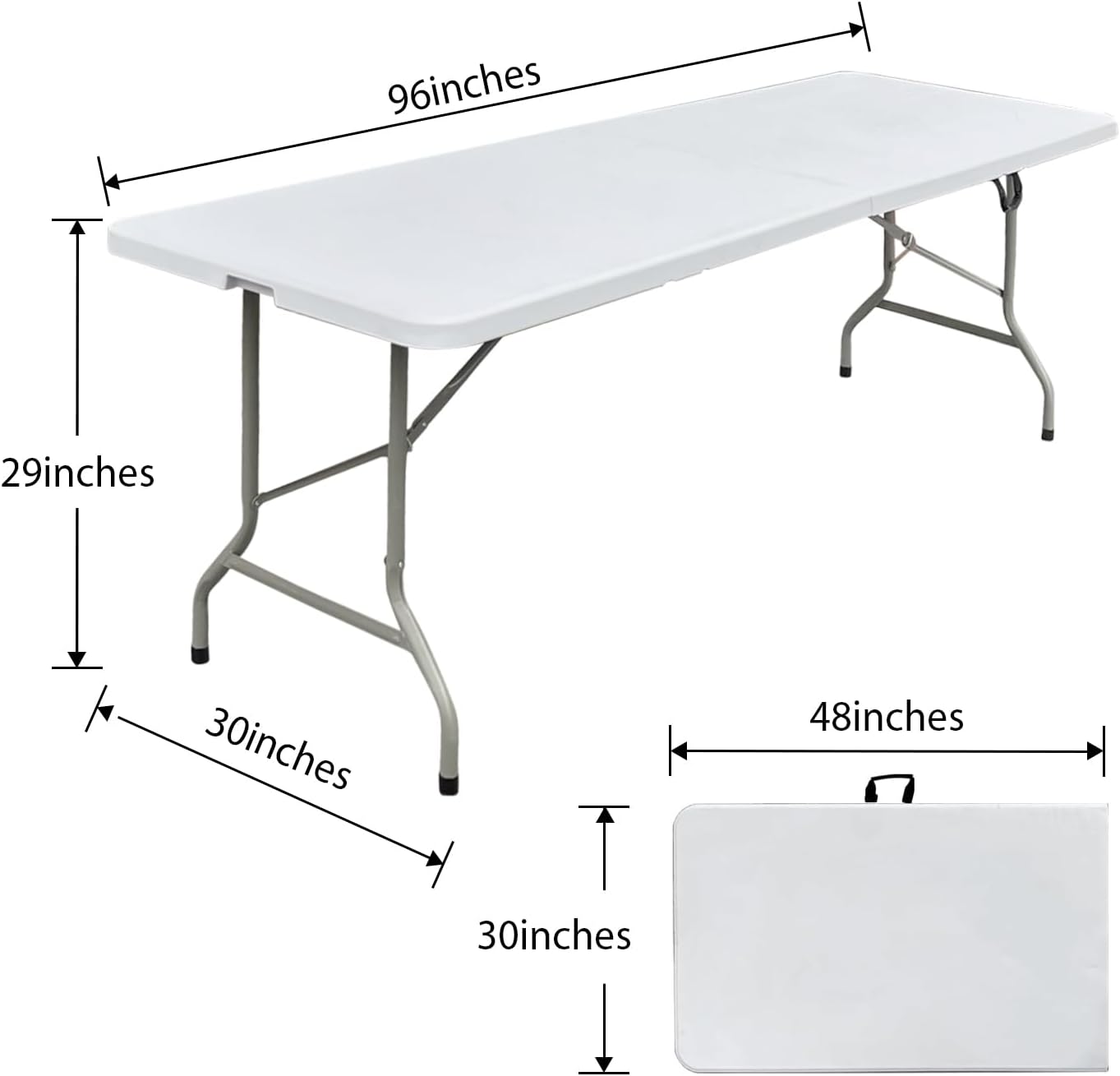 8 Foot Folding Table 96 inch Heavy Duty 8ft Plastic Portable Foldable Table with Handle Indoor Outdoor White 8' Dining Table for Picnic, Party and Camping