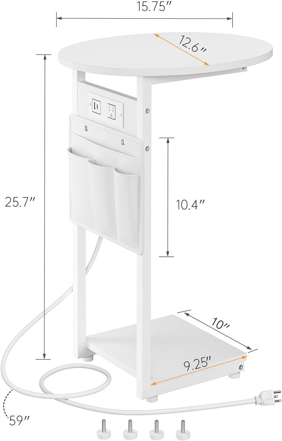 Vagusicc C Shaped End Table with Charging Station, Small Side Table for Couch, TV Tray Slide Under Sofa Table for Living Room and Bedroom, C Table Round Couch Side Table, White
